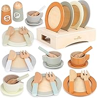 Dreamon 27-Piece Wooden Play Dishes & Plates Kitchen Set for Toddlers 3-6 - Pretend Play Food Toys with Organizer Stand