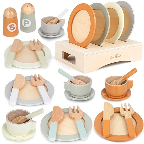 Wooden Play Dishes and Plates for Kids Kitchen Set, 27