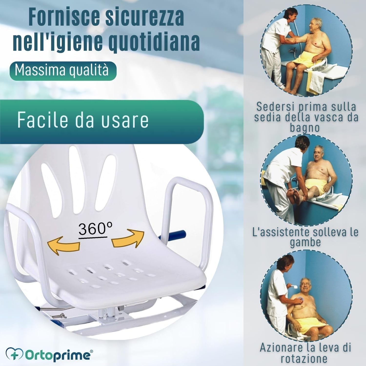 OrtoPrime Sedia Girevole per Vasca da Bagno 360° - Sedile Vasca per Anziani COMODO E SICURO - Sedia Vasca da Bagno Facile da Usare - Trasferimento Sicuro - MISURARE LA VASCA PRIMA DELL'ACQUISTO