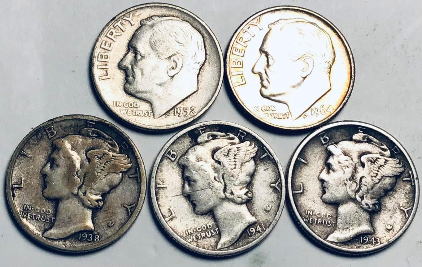 1916 Mercury Roosevelt Silver 1916-1964 5 Coin lot Various Mints Dime Fine
