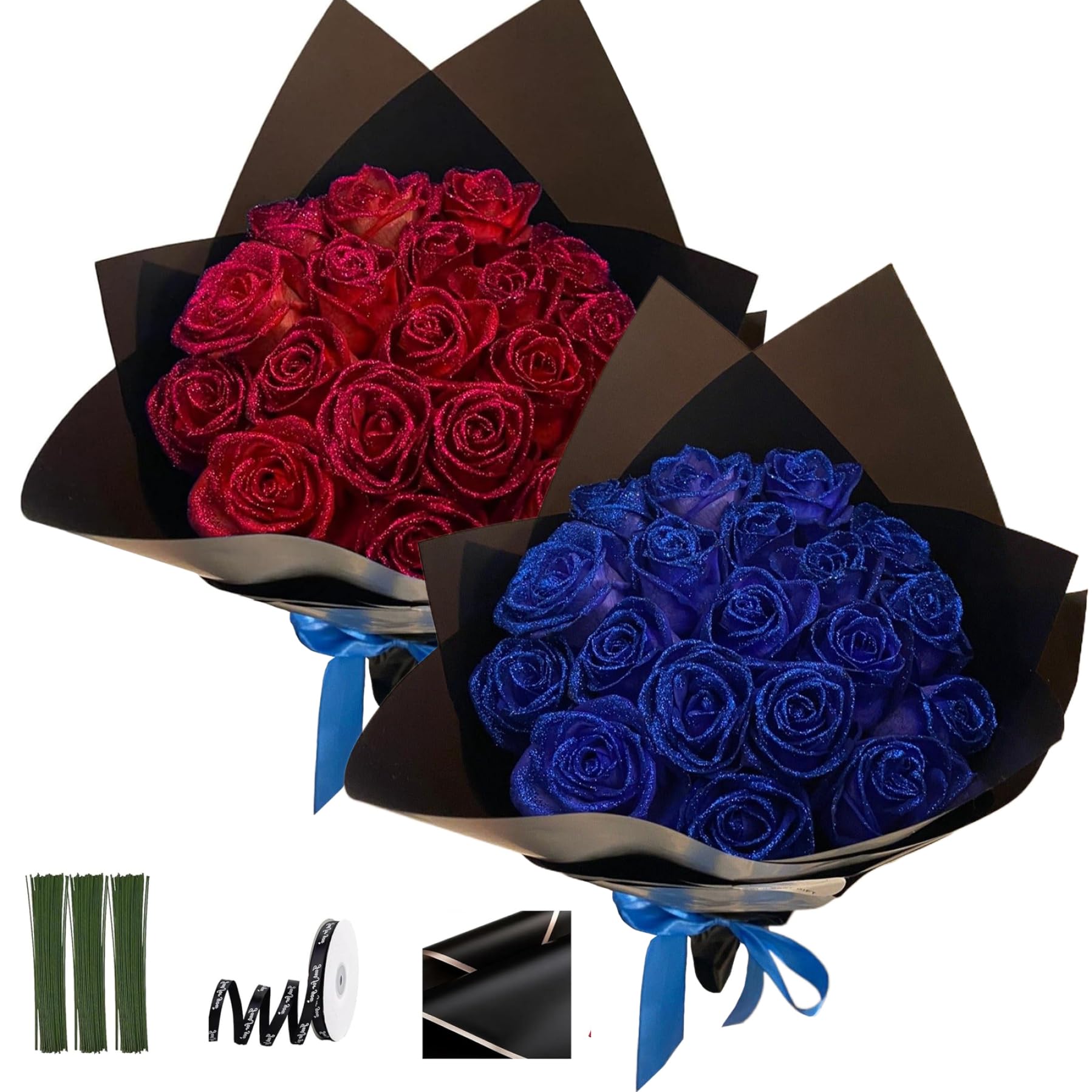 Bouquet de roses scintillantes 9,5 pouces fausses roses bricolage avec tige, rubans d'emballage et papier d'emballage