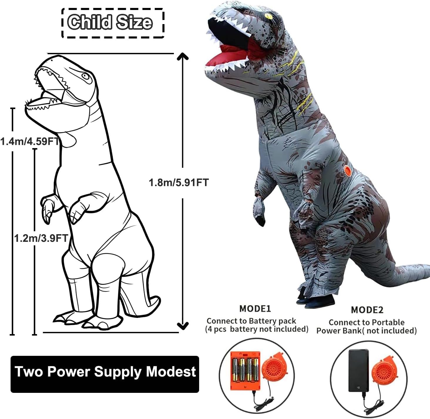 Funny Inflatable Dinosaur Costume for Adult and Kids,Blow Up Dinosaur Costume for Halloween Cosplay Party Gray Kids(3.9-4.59FT)