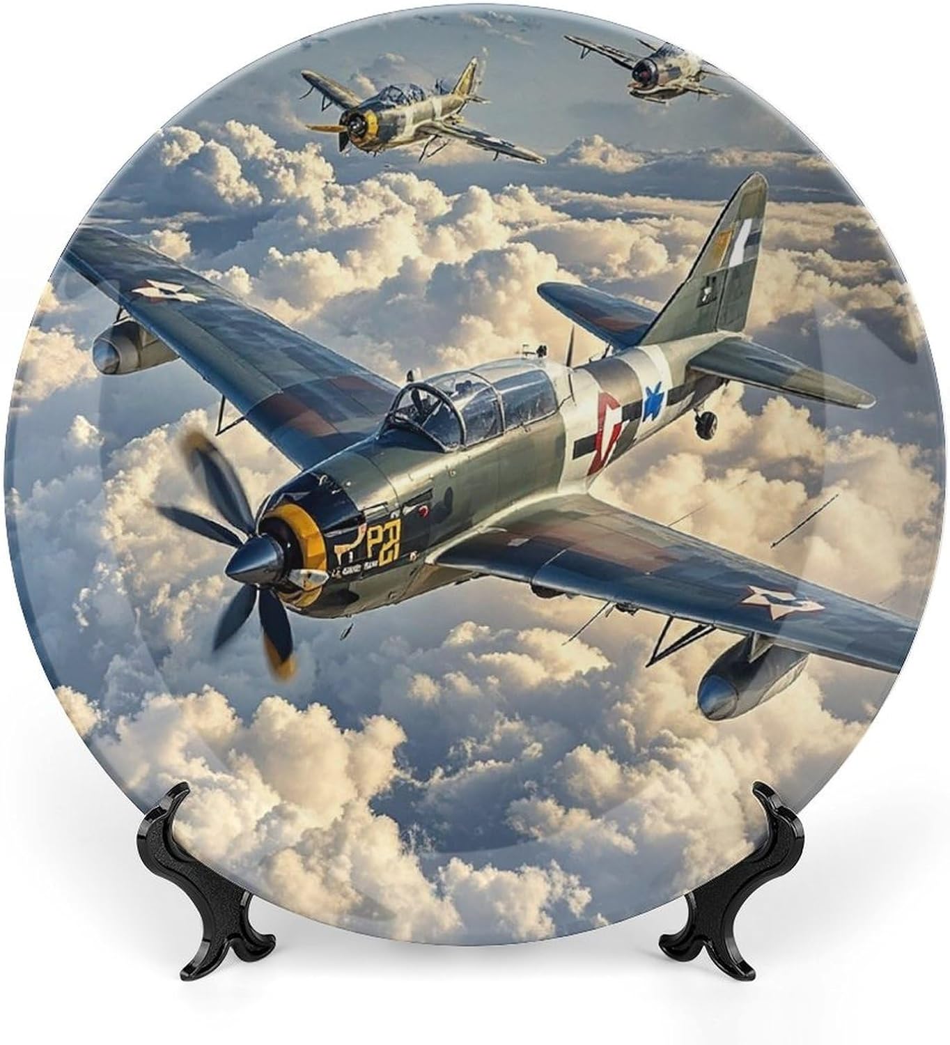 World War Aircraft Decorative Ceramic Plate Round Porcelain Plate Decor Personalized Bone China Decorative Plates Ceramic Ornaments Dessert Plates with Display Stand 10inch