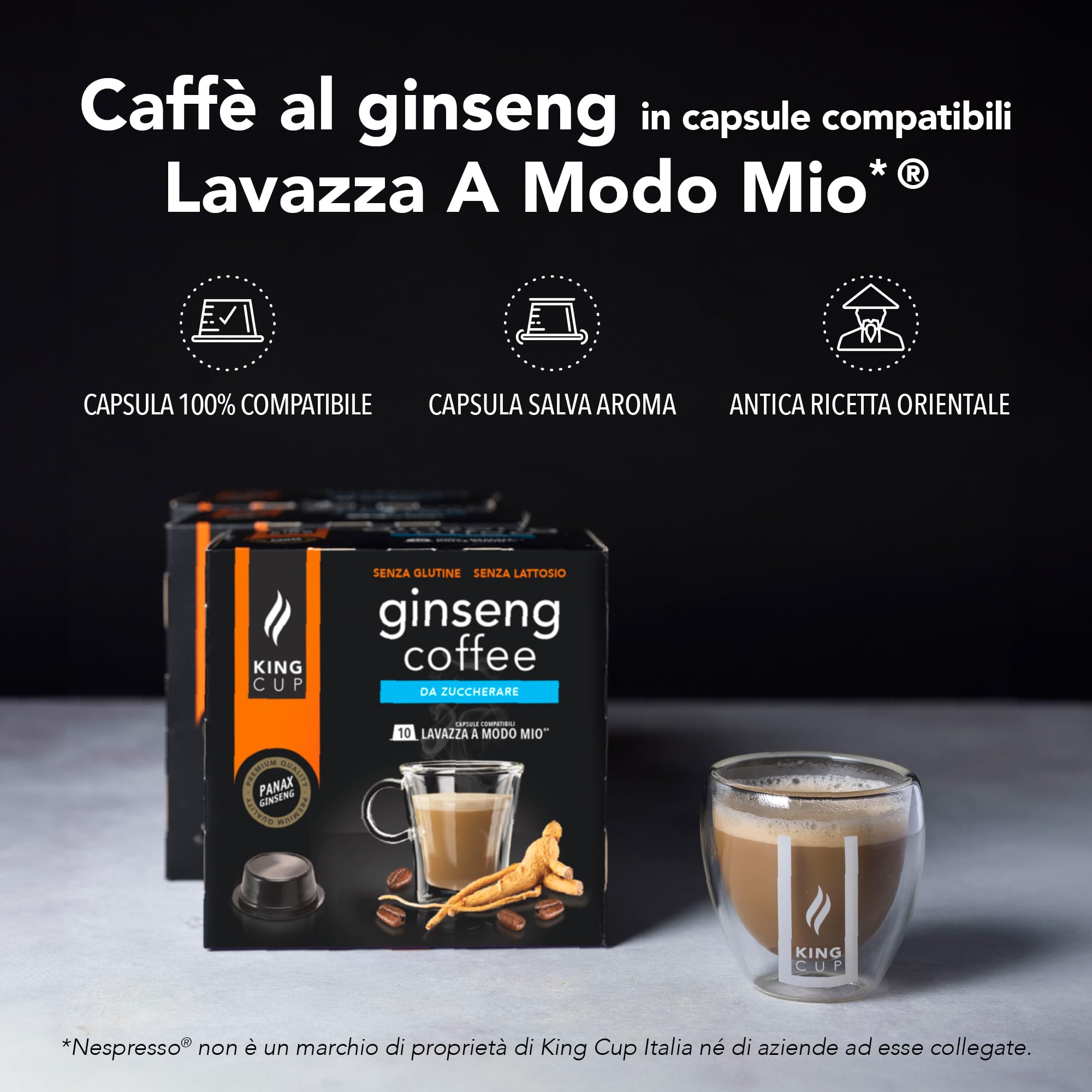 King Cup - 10 Confezioni da 10 Capsule di Ginseng da Zuccherare, 100 Capsule 100% Compatibili con Sistema Lavazza a Modo Mio di Bevanda al Gusto di Ginseng, Senza Glutine e Senza Lattosio