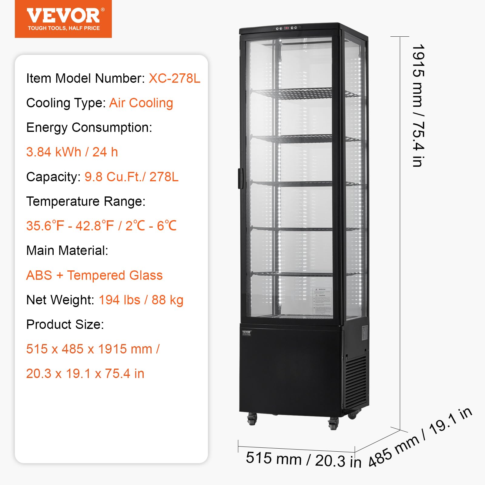 VEVOR Vitrina Refrigerada Comercial 278 L Vitrina de Pastelería de 5 Niveles Refrigerador con Iluminación LED Enfriamiento TURBO Enfriamiento por Aire Sin Escarcha, para Pasteles de Panadería