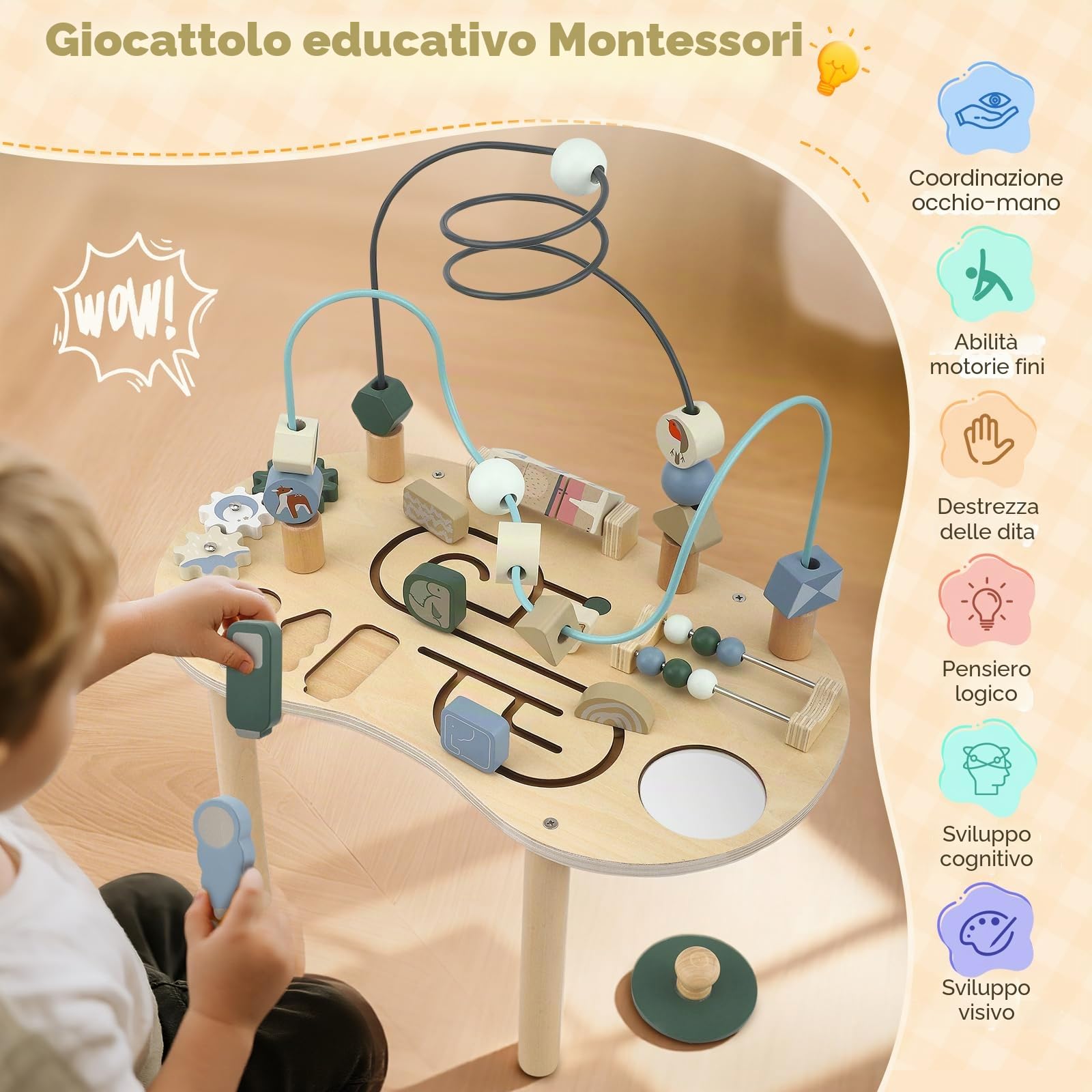 Tavolo attività in legno per bambini Baby Montessori Giocattoli 7 in 1 Tavolo da gioco a partire dai 3 anni in su, Activity Center Baby, per neonati, regalo per ragazze e ragazzi