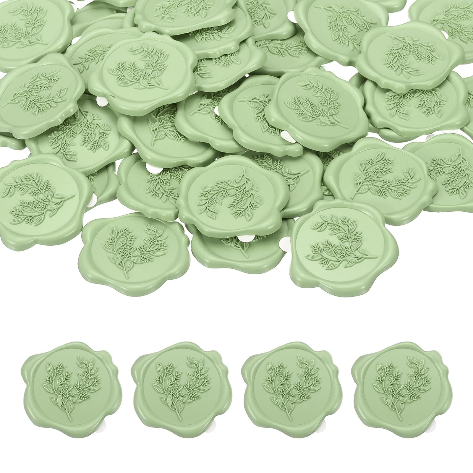 PATIKIL 50Pcs Eucalyptus Leaf Wax Seal Stickers, Plant Embossed Self Adhesive Backed Envelopes Seal Sticker Accessories for Wedding Invitation Letter Birthday Party Gift, Grass Green