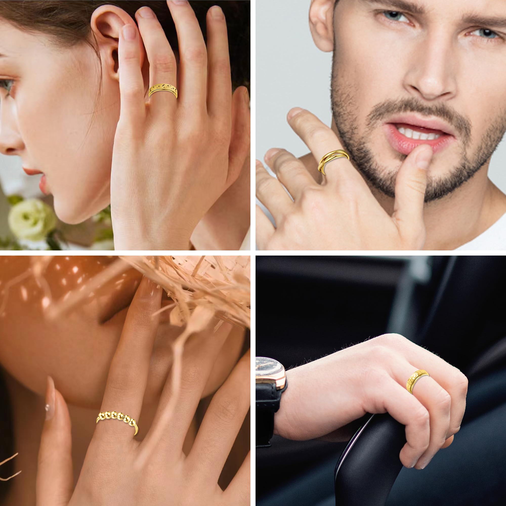 LOFITOR 6 Stück Anti-Angst Spinner Ringe Fidget Band Ring für Stress Angstlinderung für Damen Herren Edelstahl Roller Anti-Stress Ringe Set Coole Anxiety Band Ringe CZ Mond&Stern Gold Silber