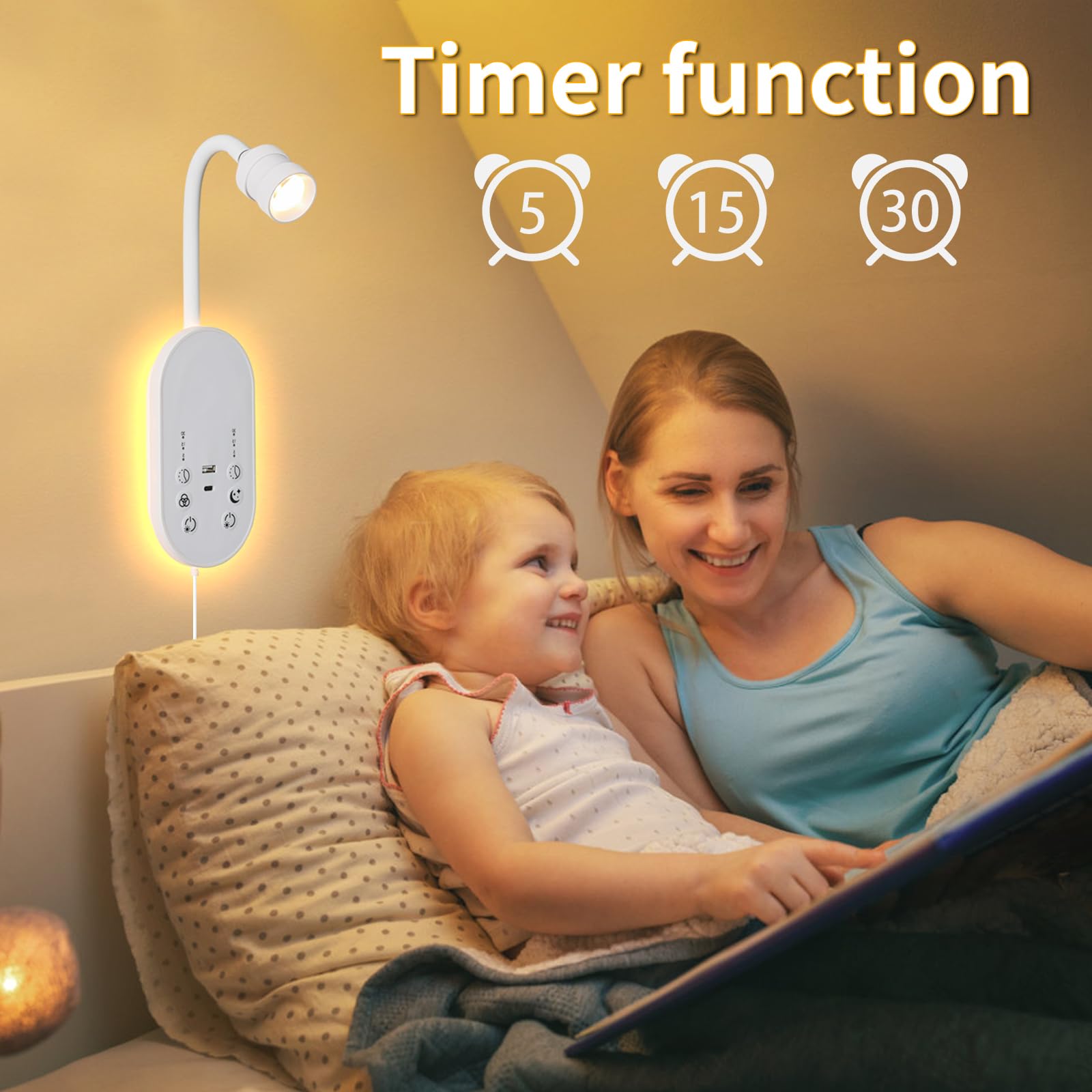 LED Wandmontierte Leselampe für das Bett, Buchlicht zum Lesen mit Touch-Steuerung, stufenlos dimmbar, flexibles Schwanenhals Bettlicht mit USB C+A, Nachtlicht & Timer-Funktion (Weiß)