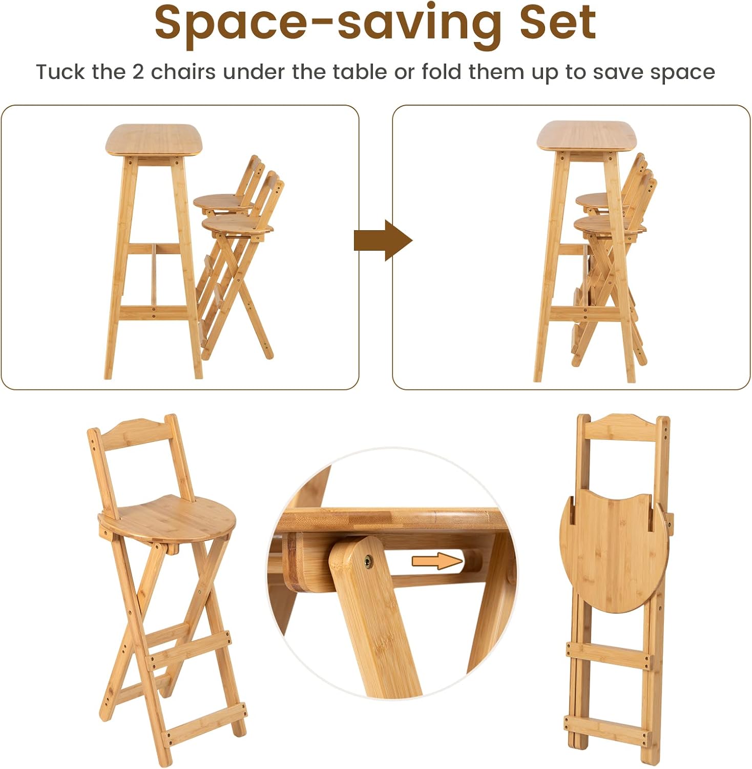 LIFEZEAL Set of 2 100% Bamboo Bar Chairs, Folding Bar Stool with Foot, High Bar Chair with Love Seat, Bar Chair with 150 kg Load, 36 x 34 x 84 cm, Natural