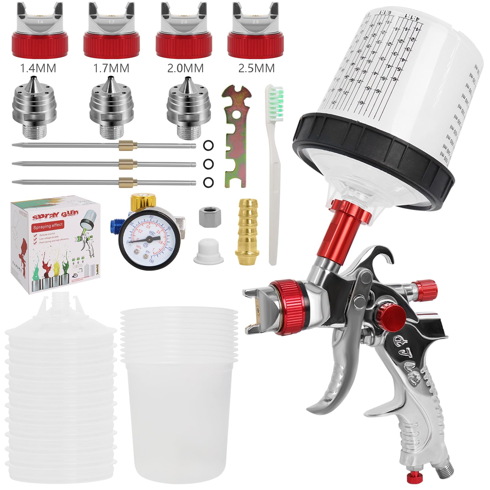 HVLP Air Spray Gun Kit with 600cc Cup & Replaceable Nozzles(Red