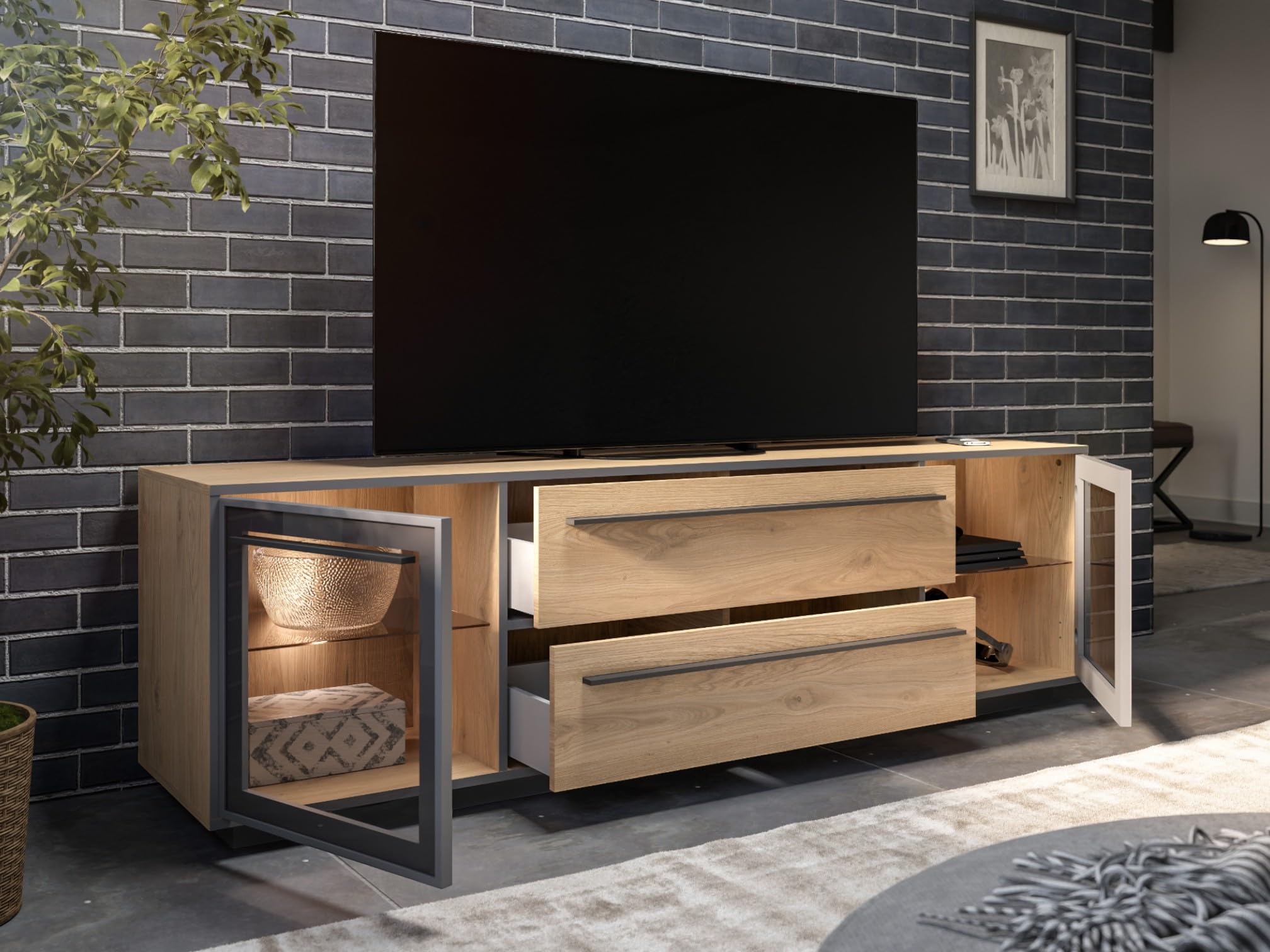 moebel-dich-auf Wohnwand Nardo in Wildeiche Verschiedene Board-Sets, Lowboard, Sideboard, Braunglas, Softclose, inkl. LED-Beleuchtung