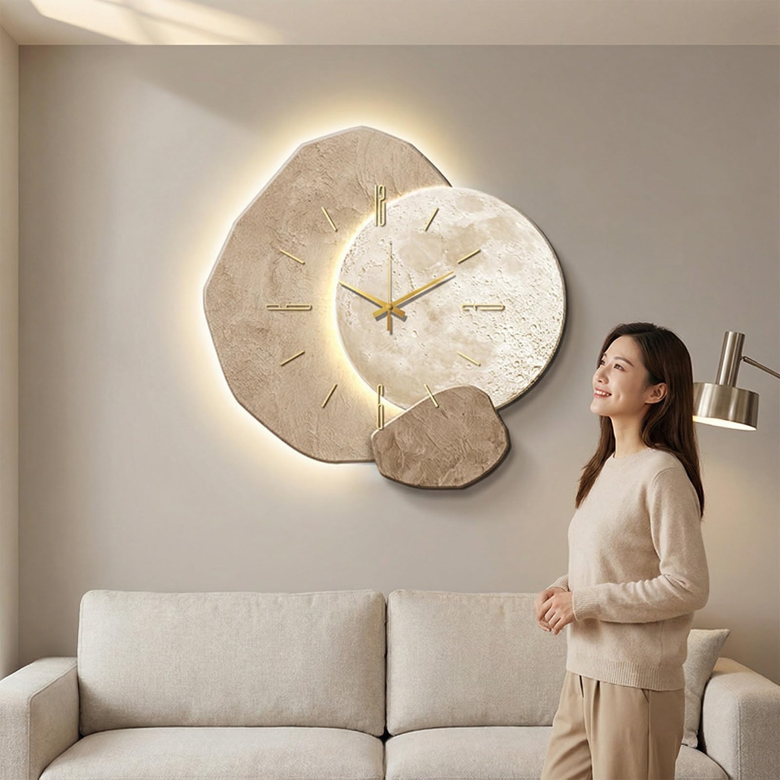Orologio decorativo da parete 3D con luce a LED, orologio silenzioso decorativo moderno, grande scultura in pietra per soggiorno, design retroilluminato