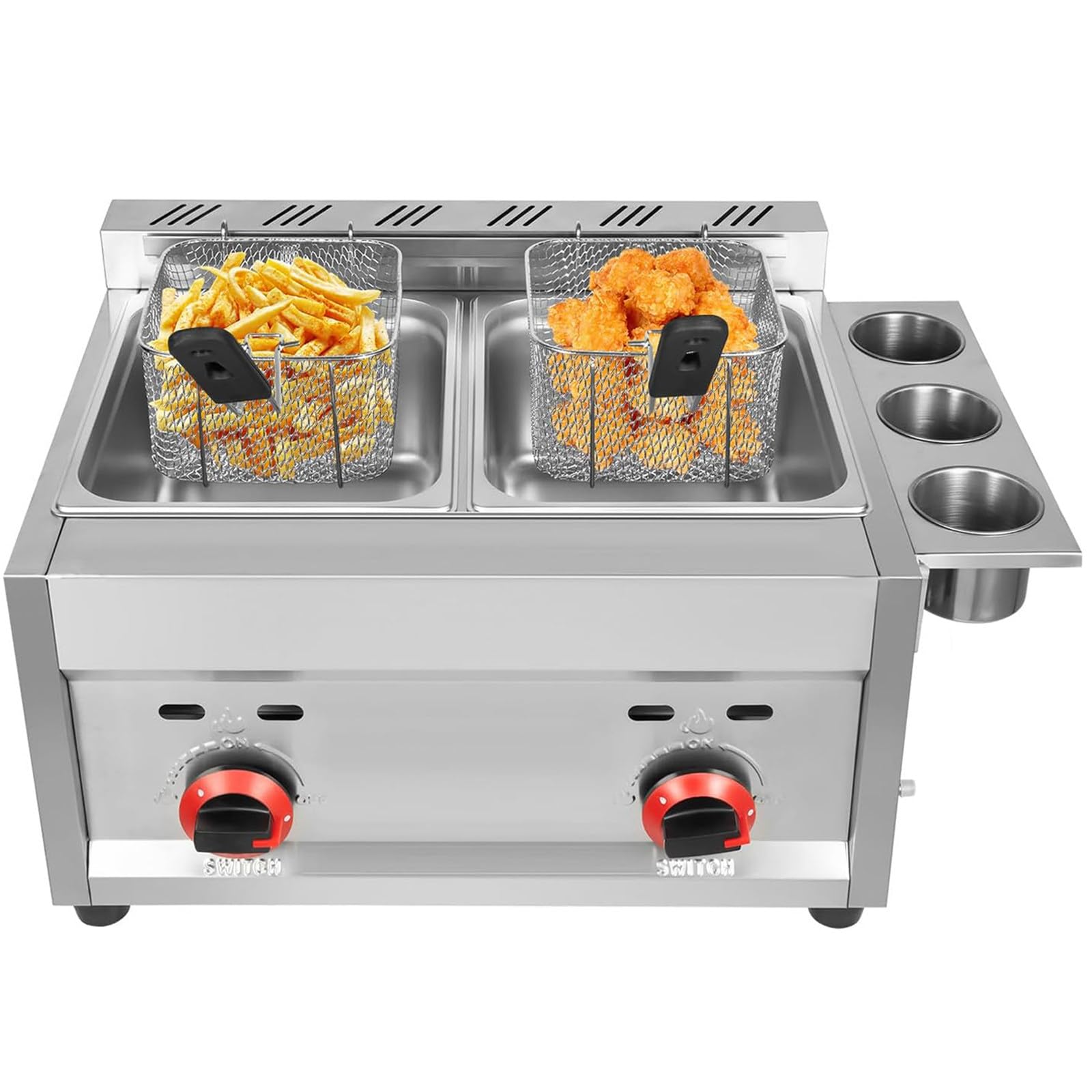 SICWEDIM 10L x 2 Large Capacity Gas Fryer, Stainless Steel LPG Fryer - Commercial Grade Adjustable Firepower - Easy Clean - Ideal for Chips, Donuts, Fish, Chicken Chips