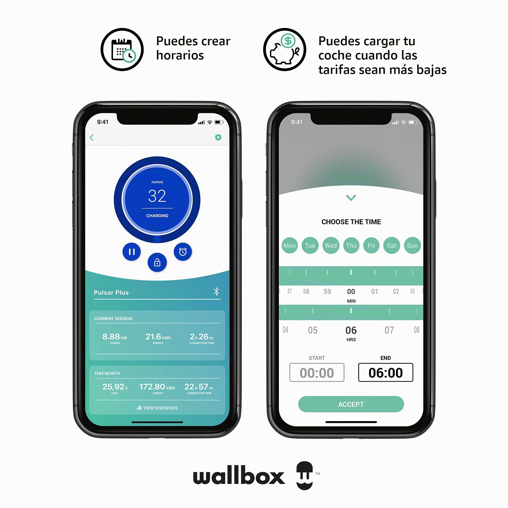 Wallbox Cargador Copper SB para EV. Potencia de hasta 22 kW. Lector de Tarjetas RFID Integrado y Cable de Carga Tipo 2. Conexión WiFi y Bluetooth, y Compatible con OCPP.