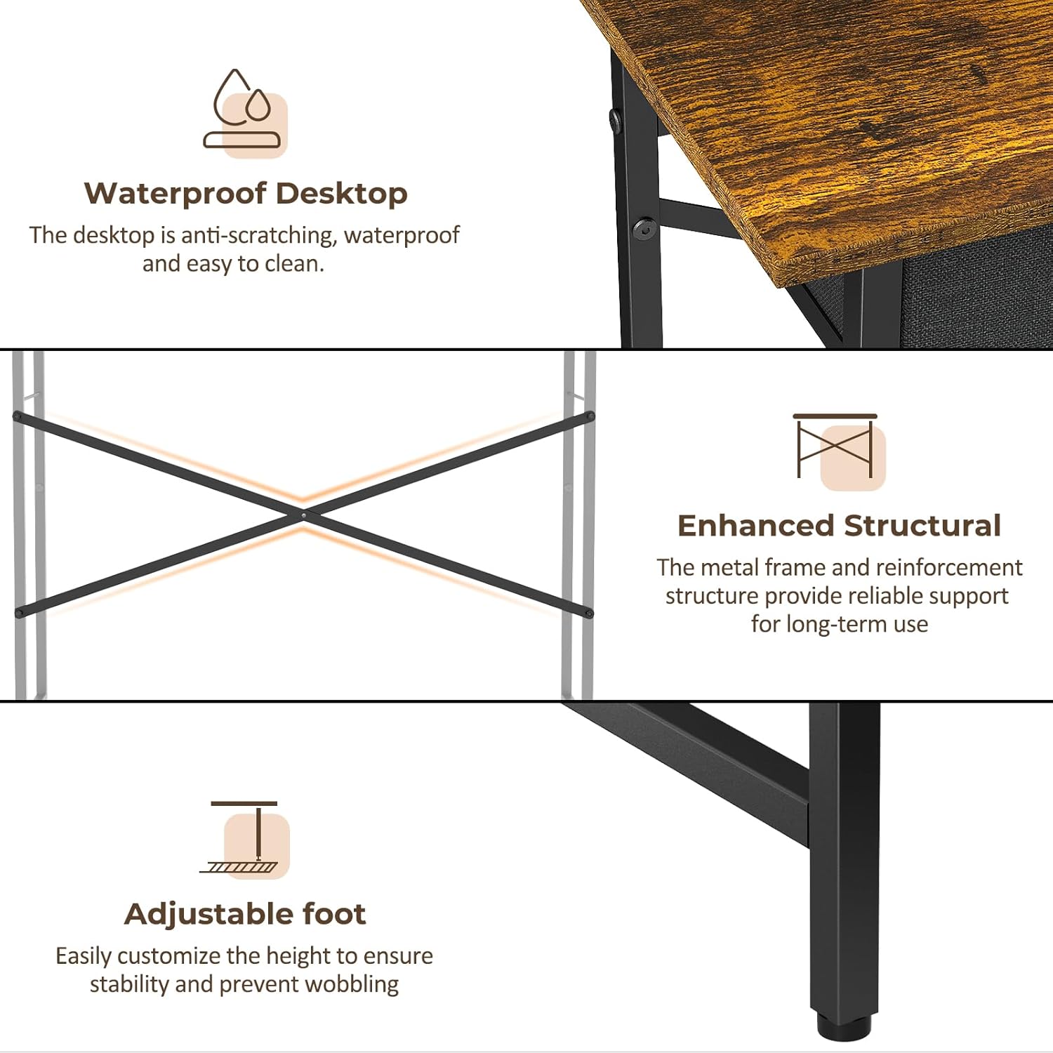 Small Writing Desk with 3 Drawers for Bedroom, 37.2 Inch Computer Desk for Small Spaces, Simple Desk with Drawers for Kids Bedroom, Home Office, Dorm, Living Room, Home Study Table, Rustic Brown - Image 7