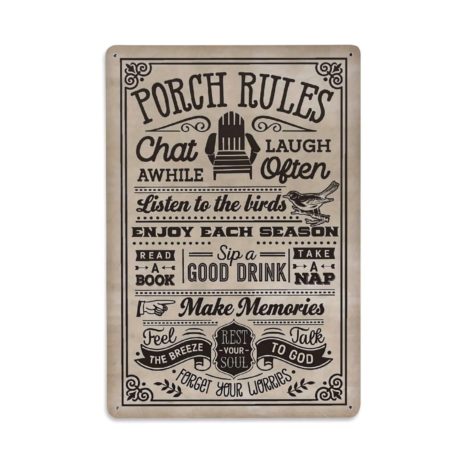 Jdfenggu Vintage Porch Rules Typography Poster Retro Metal Tin Sign, Metal Poster For Bar, Home, Man Cave, Kitchen, Laundry Room Art Decor 8X12 Inch