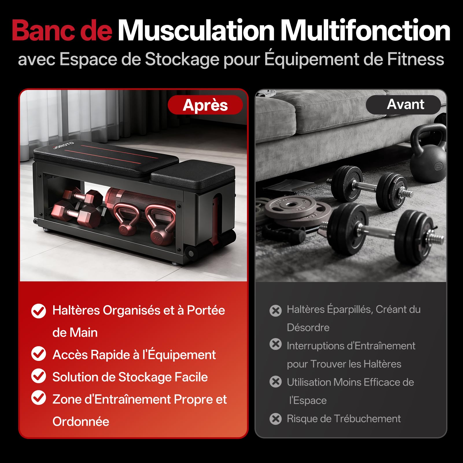 JOROTO MD85 Banc de Musculation Réglable avec Rangement Intégré, 990LBS/450KG Capacité Banc Musculation Multifonction, Bras de Traction 9 Positions et Dossier 7 Positions Banc Abdominauxde Inclinable