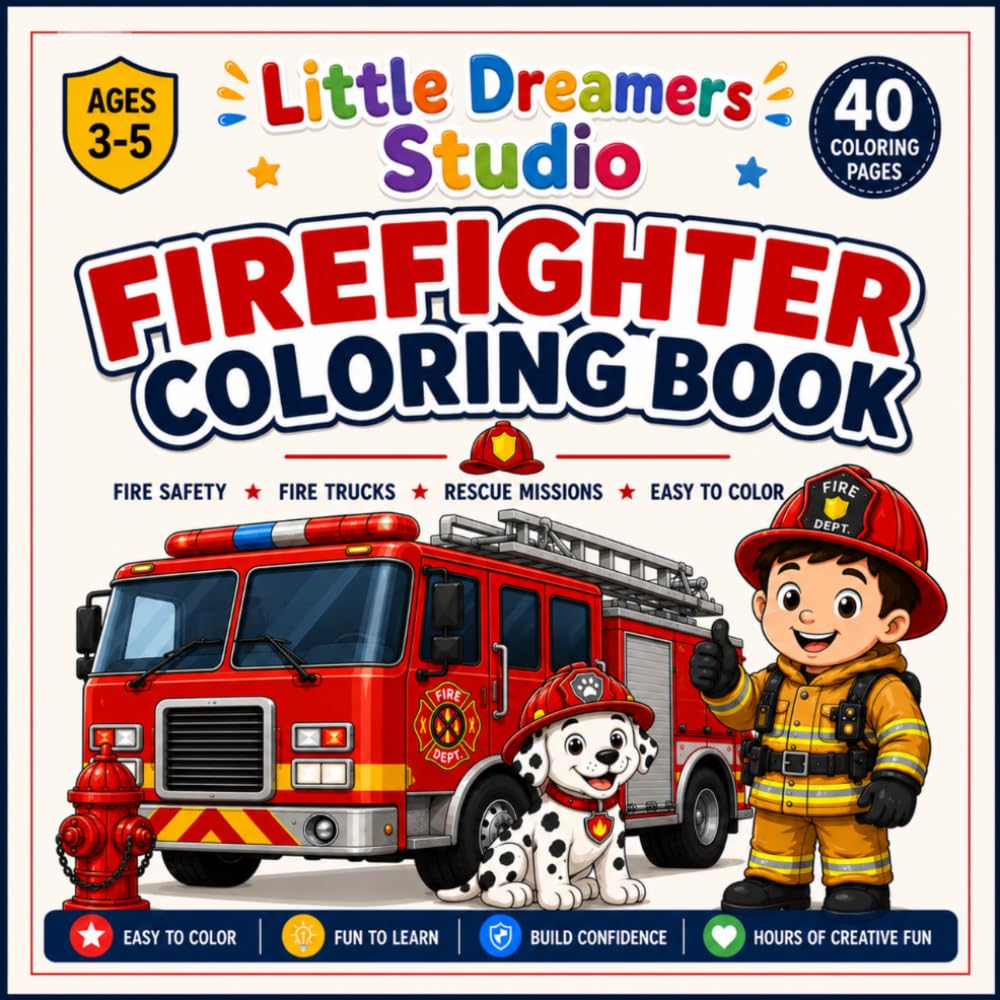Firefighter Coloring Book for Kids: Easy Coloring Pages Featuring Fire Trucks, Friendly Firefighters, Rescue Dogs, Fire Safety, and Rescue Vehicles (Little Dreamers Firefighter Series)