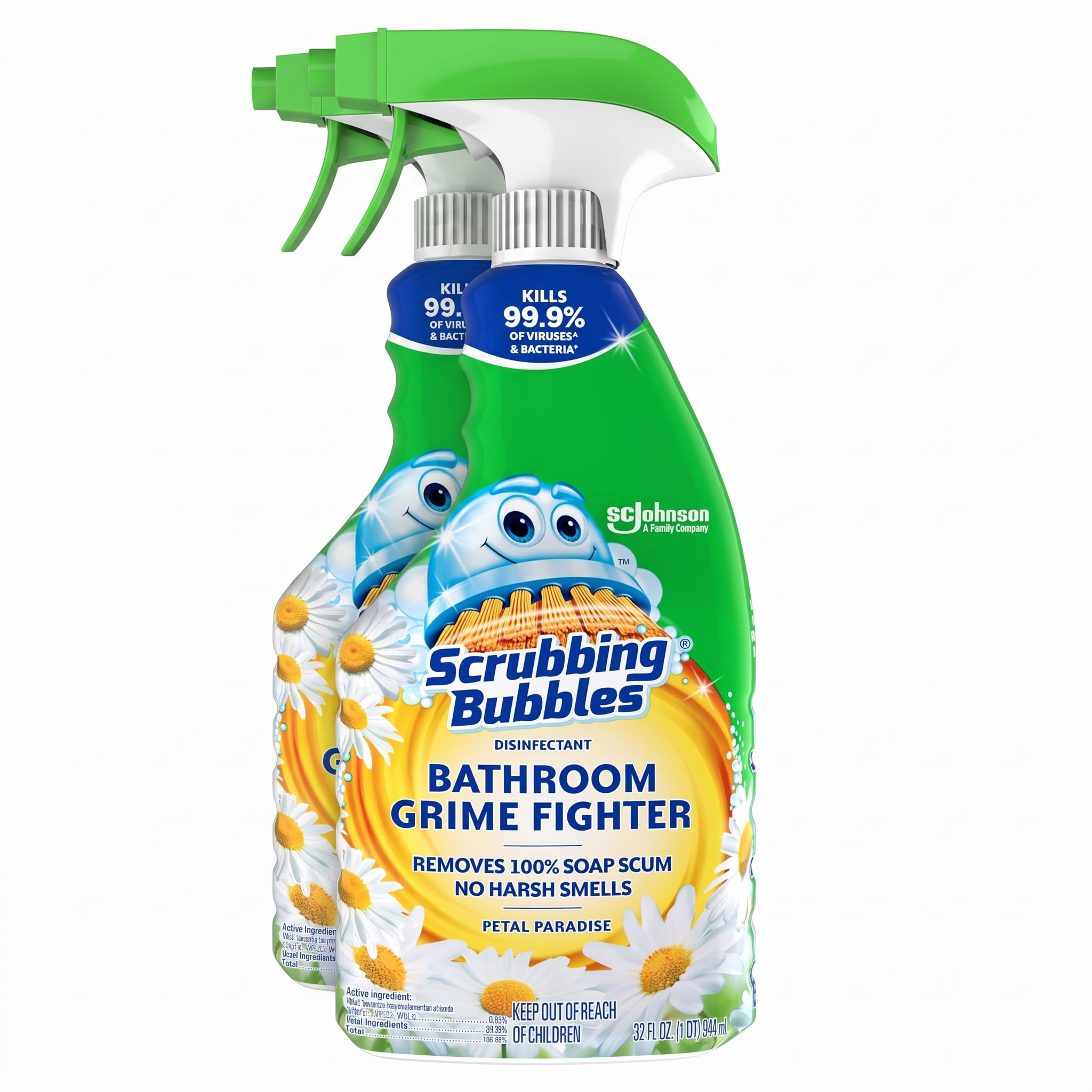 Scrubbing Bubbles Bathroom and Shower Cleaner Disinfectant Spray, Foaming Action Bathroom Grime Fighter, Petal Paradise Scent, 32oz (Pack of 2)