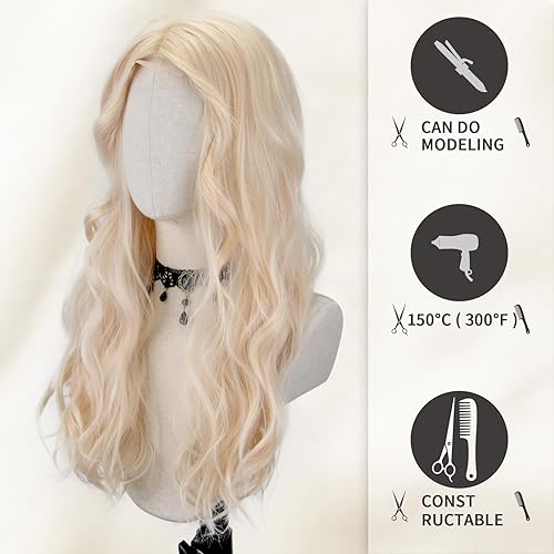 Miniatura 4 de FREE BEAUTY Peluca larga rubia ondulada para mujer, peluca de parte media con encaje rizado, ondulado, aspecto natural, peluca de fibra sintética