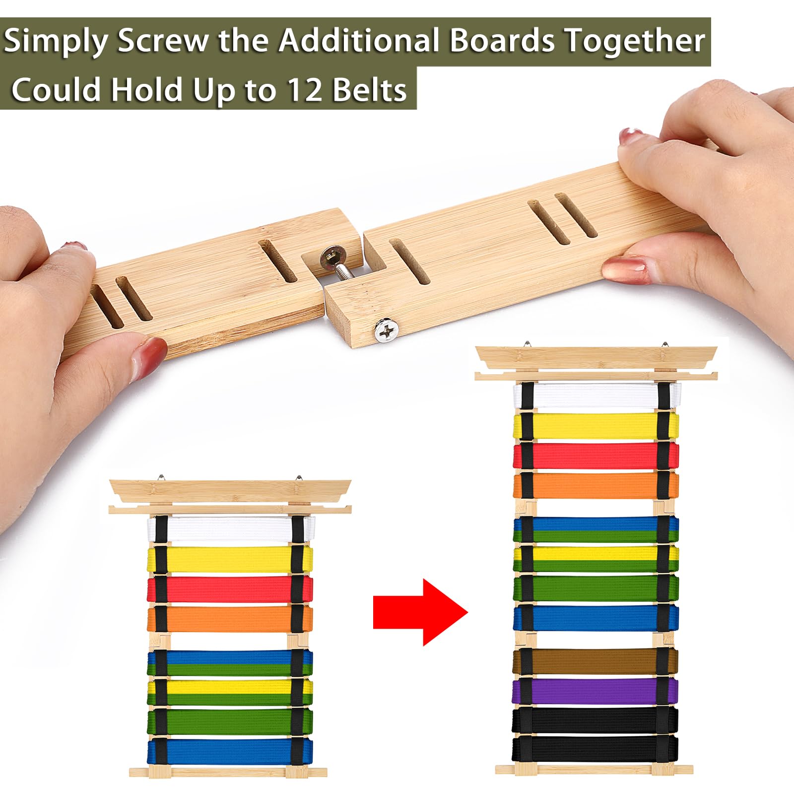 JUXYES Organizador de cinturones de artes marciales para pared 8-12 cinturones, soporte de bambú para karate