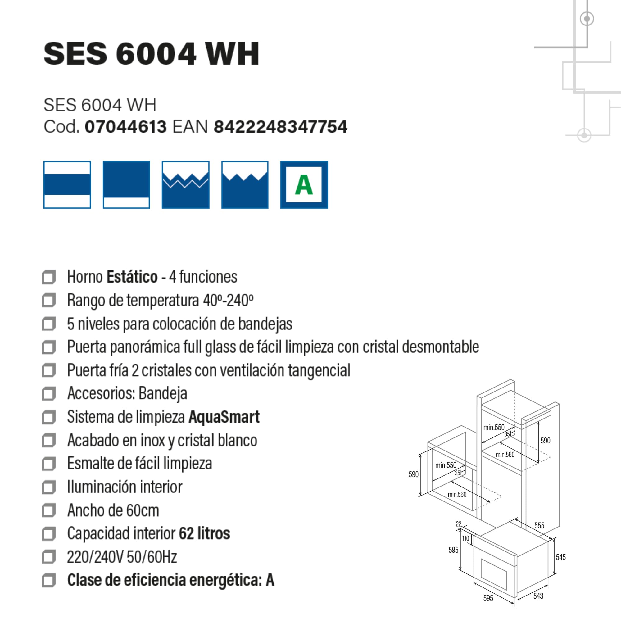 Cata Horno Estático SES 6004 WH con Iluminación Interior y Puerta Panorámica Full Glass Capacidad 62 L Ancho 60 cm Color Blanco