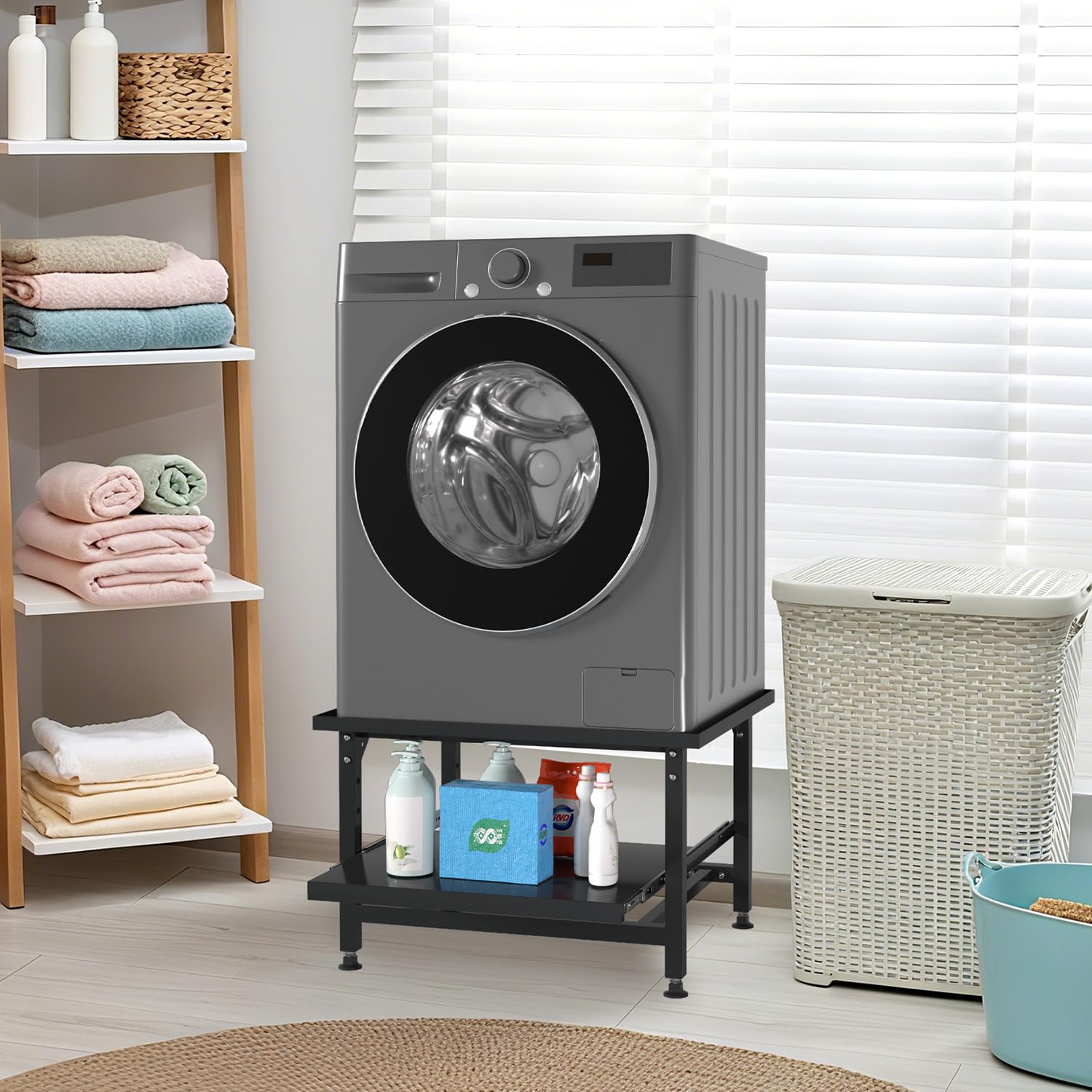 Herrselsam Base per lavatrice con ripiano estraibile, altezza 42 cm, piedini regolabili in altezza e assorbimento del rumore, base per lavatrice con cassetto estraibile a 3 livelli, portata 150 kg