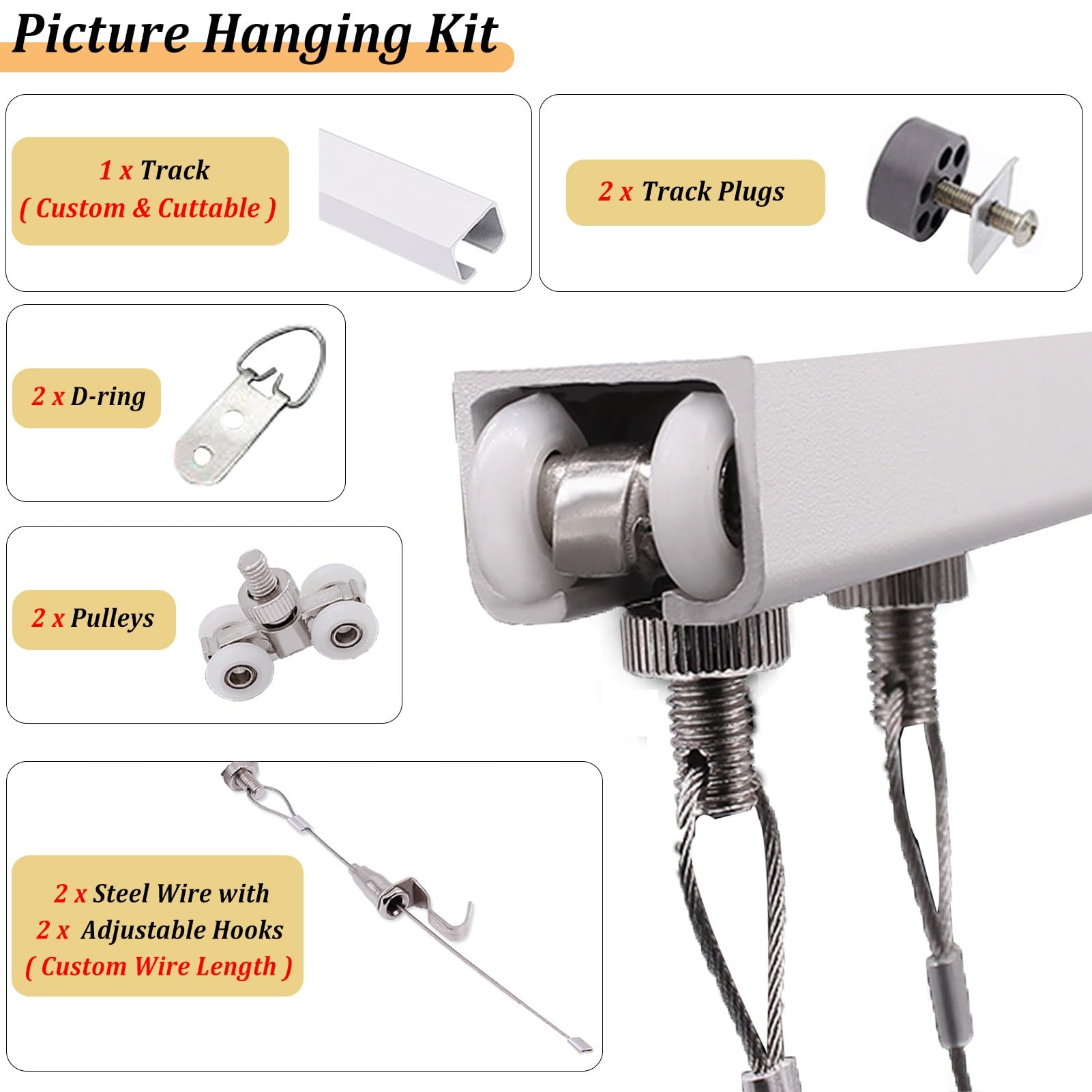 Sistema para colgar cuadros, riel montado en el techo con cable de 3.2 pies para obras de arte, ganchos de moldeo de marcos de fotos, juego de cables de suspensión de pared, blanco, 39 pulgadas de