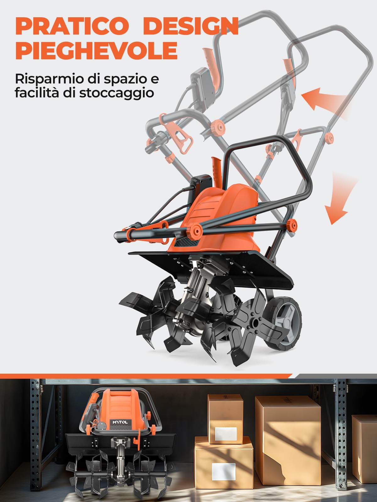 MYTOL Motozappa 1500W, Larghezza di Lavoro 45cm,Profondità 22cm, Motozappa Elettrica con 6×4 Rebbi in Acciaio Resistente, Manico Pieghevole,Doppio Pulsante di Sicurezza, Protezione da Surriscaldamento