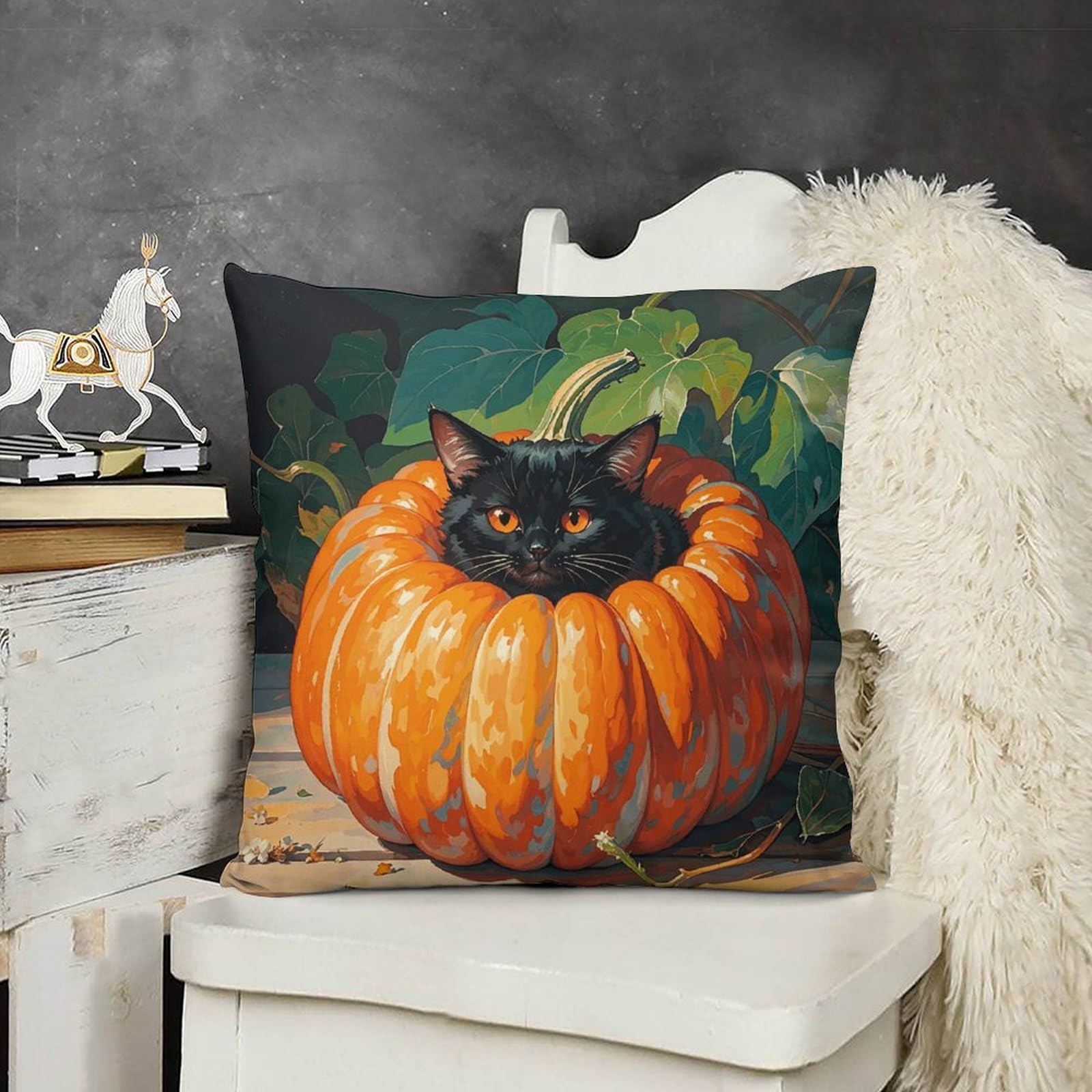 FodPand Boho Farmhouse Retro Black Cat Pumpkin Pillow Covers with Hidden Zipper 20x20 Soft Plush Cushion Cover Decorative Throw Pillow Cases for Couch Bed Sofa Living Room Indoor Outdoor Home Decor
