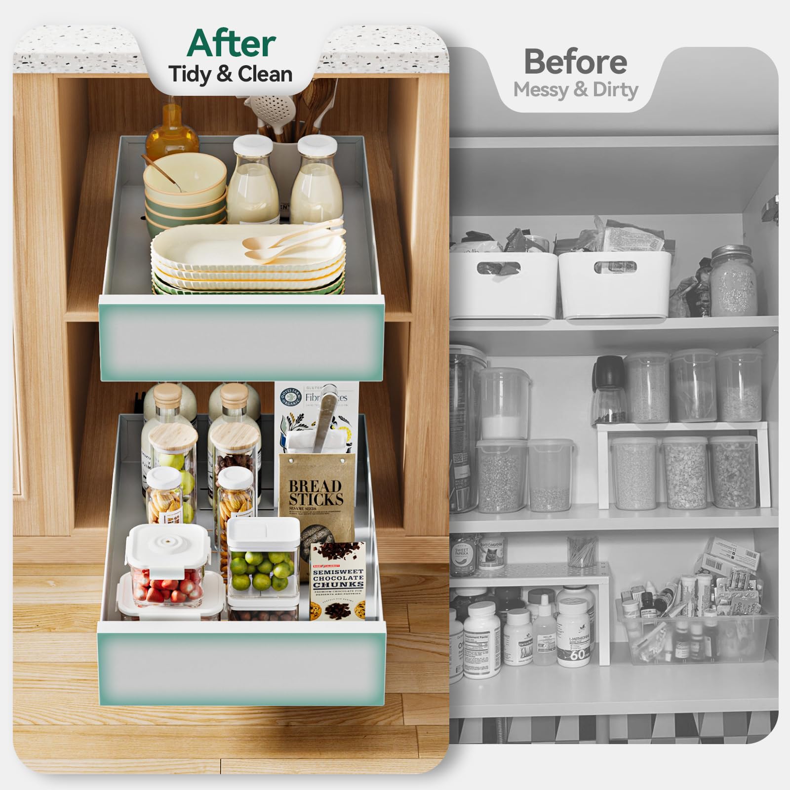 Warmiehomy Organizador de armario extraíble de 25 cm de ancho, estantes deslizantes extensibles para armario de cocina, despensa, baño, cajón deslizante blanco, sin necesidad de taladro, 25 x 43 x 8