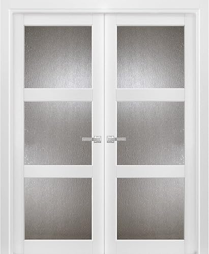 Puertas dobles francesas de interior sólido de 56 x 80 pulgadas Seda blanca Lucía 2588 con vidrio de lluvia Bordes de marco de panel sólido de