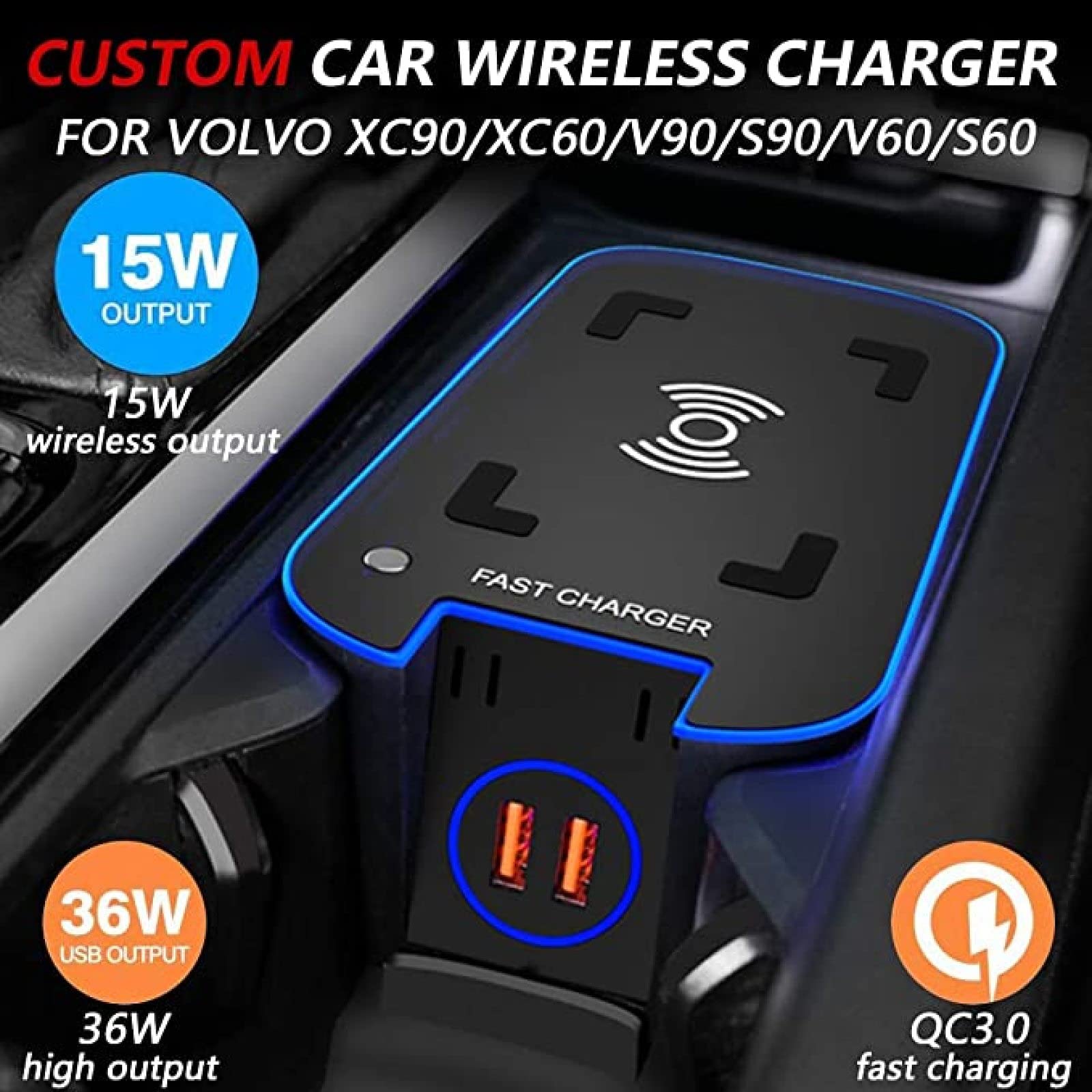 XLARSH Car Wireless Charger, for v-olvo XC90 2015-2020/XC60 2018-2020/S90 V90 2017-2020/V60 S60 2019 2020 Center Console Accessory Panel with 2 18W USB Ports 15W Fast Smart Vehicle Phone Charging pad