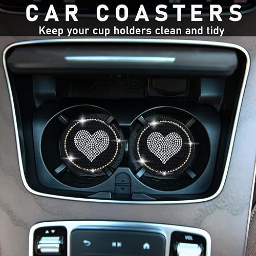 Miniatura 4 de Kewucn 2 posavasos brillantes para automóvil, 2.75 pulgadas, con diamantes de imitación, tapete antideslizante e impermeable de cristal, accesorios
