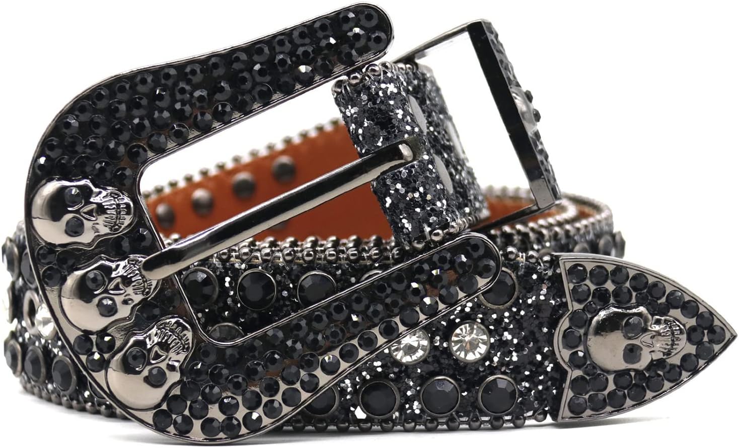 Rhinestone Belt for Women and Men Ladies Western Cowgirl Bling Shine Crystal Diamond Skulls Studded Leather Strap(105cm/waist:35", Black)