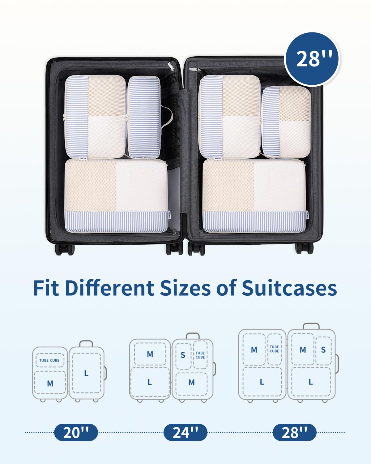 Narwey Organizer Valigia 7 Pezzi Set Packing Cubes, Organizer Valigia Viaggio Salvaspazio, Viaggio Accessori Utili per Vestiti Scarpe Deposito Classificato per Viaggiare (Strisce Blu Grigiastro)
