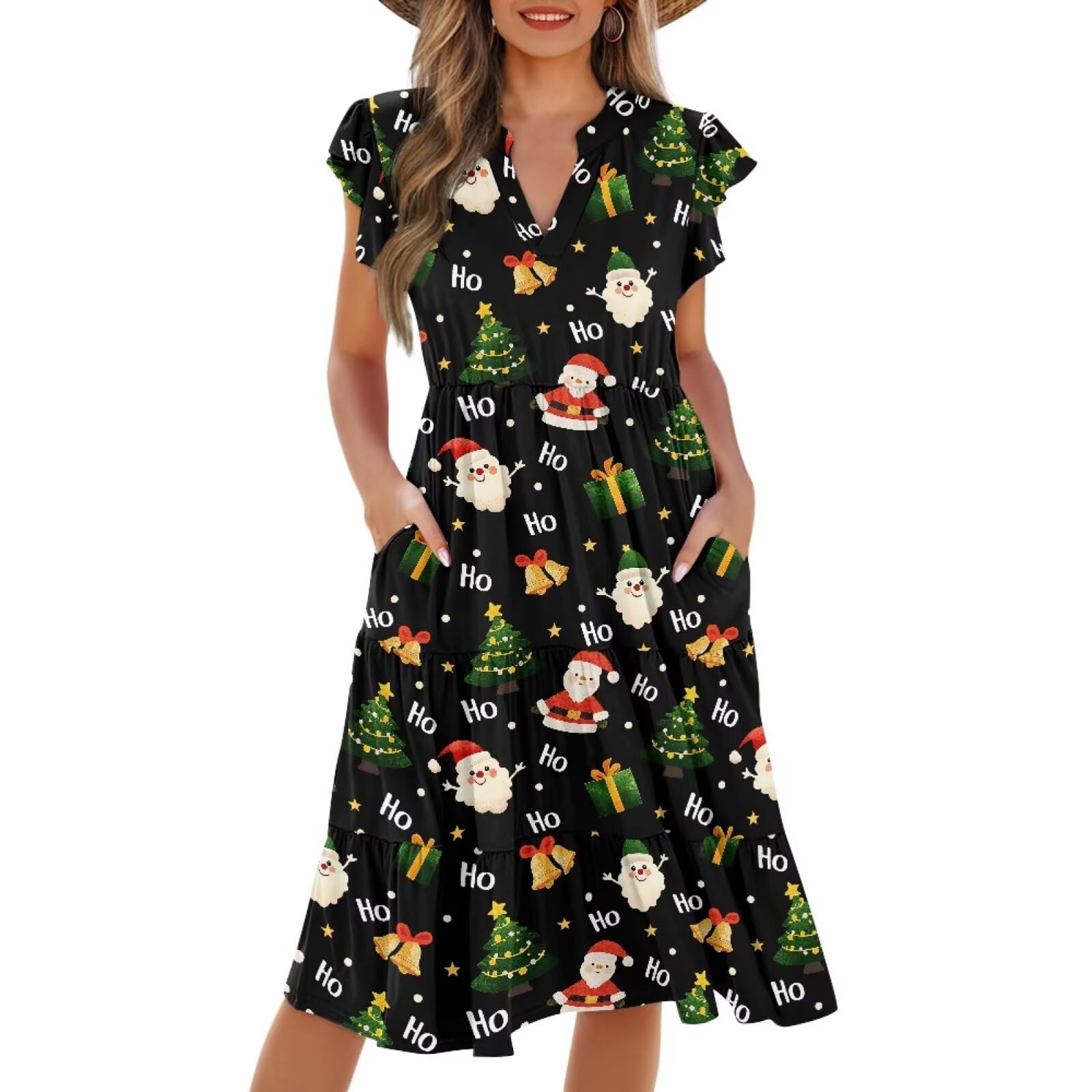 Womens Summer Dress Ruffle Sleeve V Neck Dress Casual Fit Flowy Beach Vacation Sundress with Pocket S-2XL