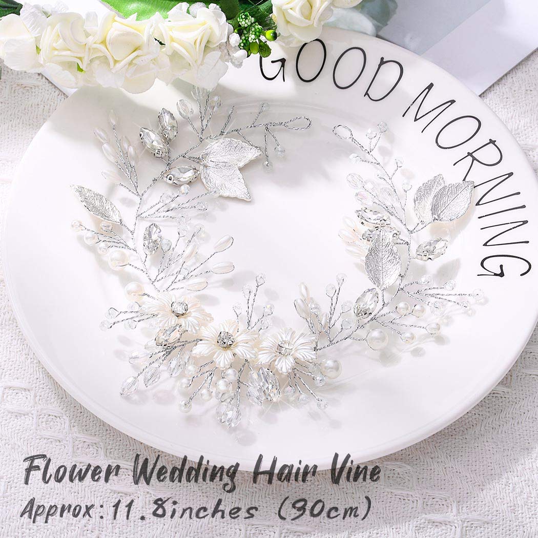 Unicra Bride Flower Wedding Hair Vine Leaf Silver Bridal Hair Piece Pearls Hair Accessories for Women and Girls - Image 2