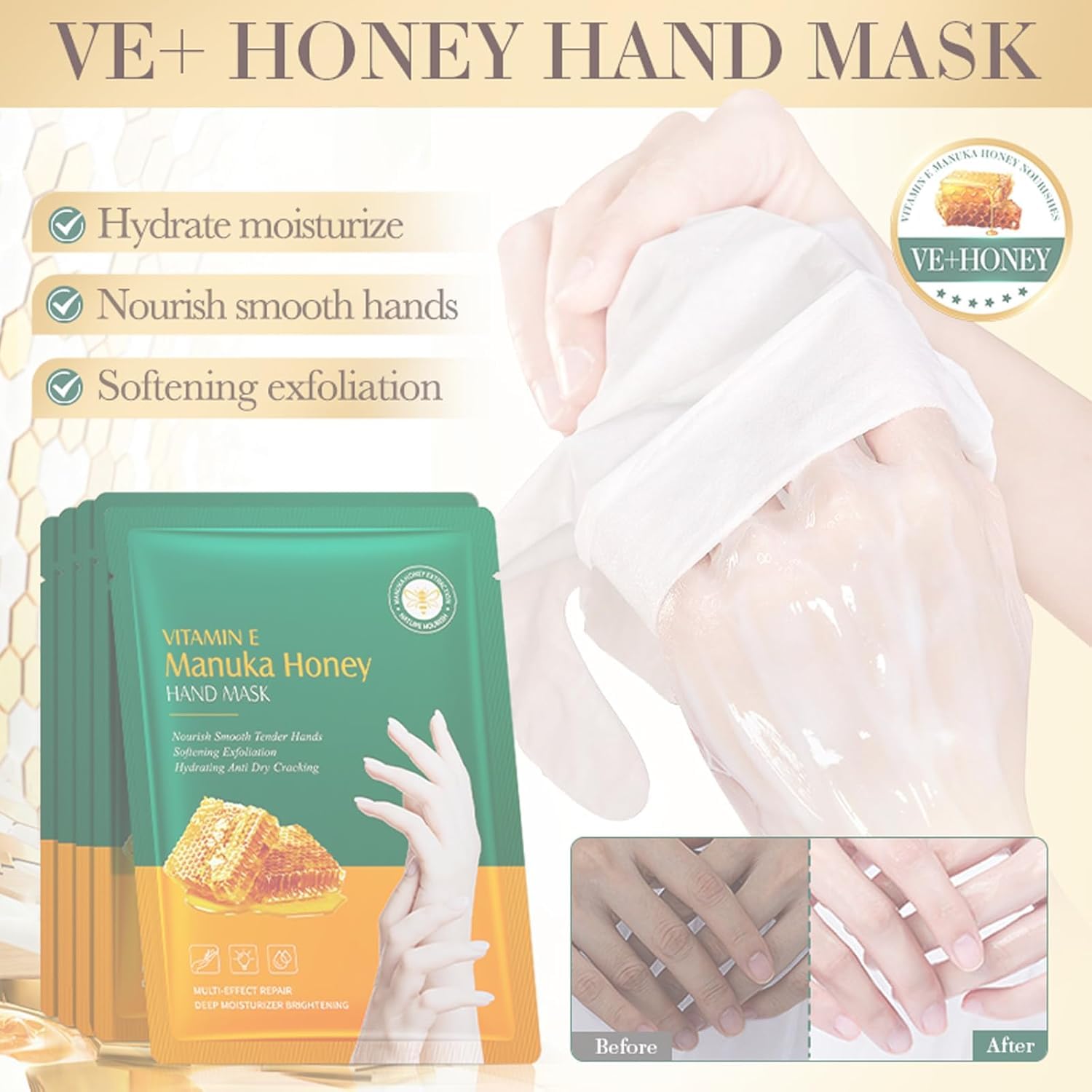 Honey Hand Mask, Vitamin E Moisturizing Hand Gloves for Dry Hands, Hydrating and Softening Hand Mask for Women and Men, 6 Pairs