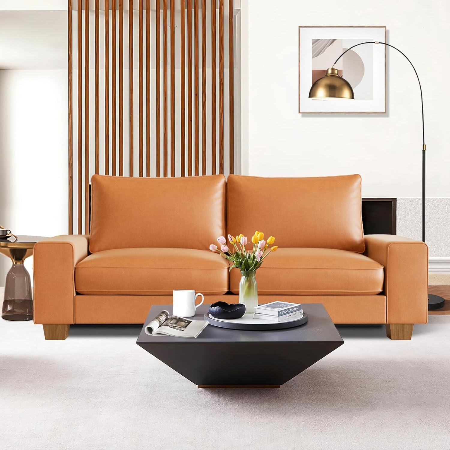 VALTHIE Mid Century Modern Faux Leather Loveseat Sofa, 71.25" 2-Seater with Wide Arms, Side Pockets, Brown Couch for Living Room