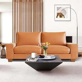 VALTHIE Mid Century Modern Faux Leather Loveseat Sofa, 71.25" 2-Seater with Wide Arms, Side Pockets, Brown Couch for Living Room