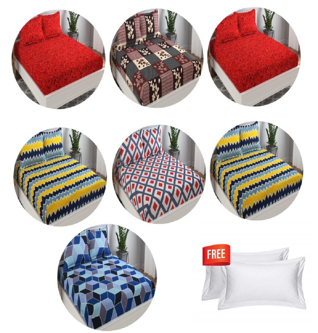 BSB HOME ® 200 GSM with 144 TC Cotton Printed Double Bedsheets King Size Bed Sheet with 14 Pillow Covers (Combo, Multicolour, 6 x 7 ft) -Pack of 7-picture-14