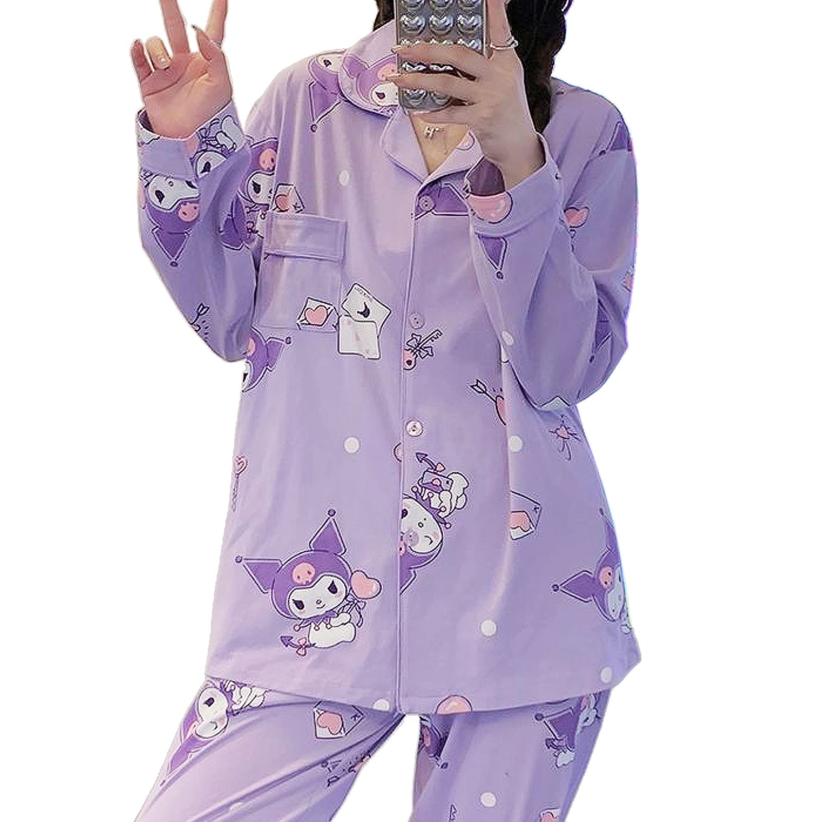 OcroyeaKawaii Women’s Pajamas, Two-Piece Set, Cute Cartoon Pajamas for Girls, Casual Cardigan, Home Sleepwear