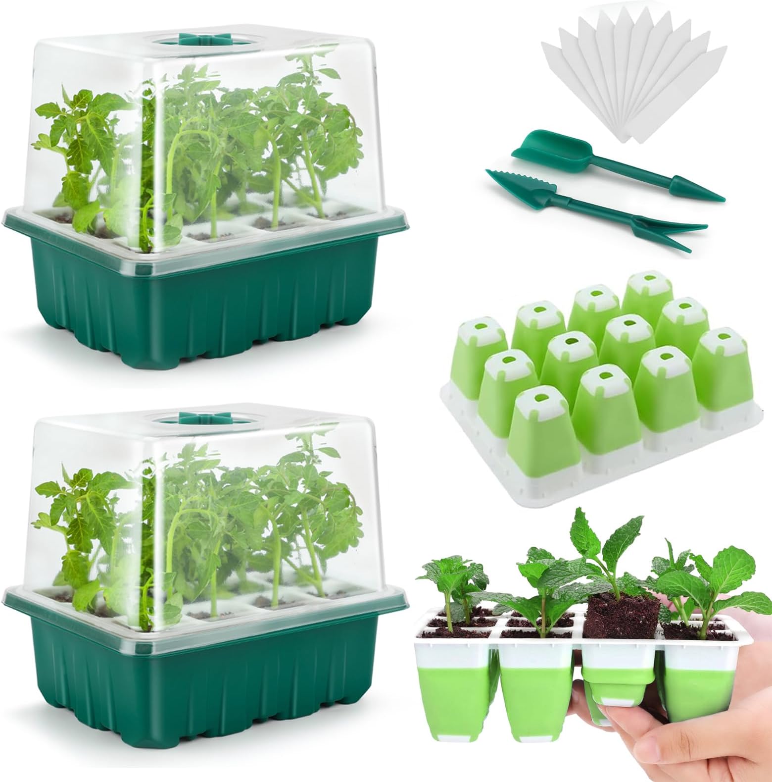 Seed Starter Tray, 24 Cells Indoor Seed Starter Kit, Flexible Silicone Designed Seedling Starter Trays, Germination Tray with Humidity Dome & Lids(4in Height), Reusable & Dishwasher Safe, BPA-FREE