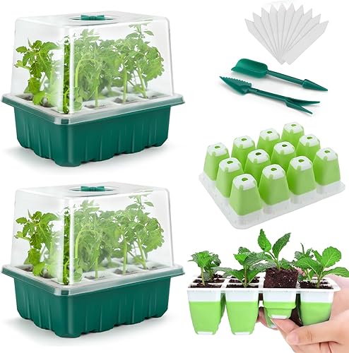 Seed Starter Tray, 24 Cells Indoor Seed Starter Kit, Flexible Silicone Designed Seedling Starter Trays, Germination Tray with Humidity Dome & Lids(4in Height), Reusable & Dishwasher Safe, BPA-FREE
