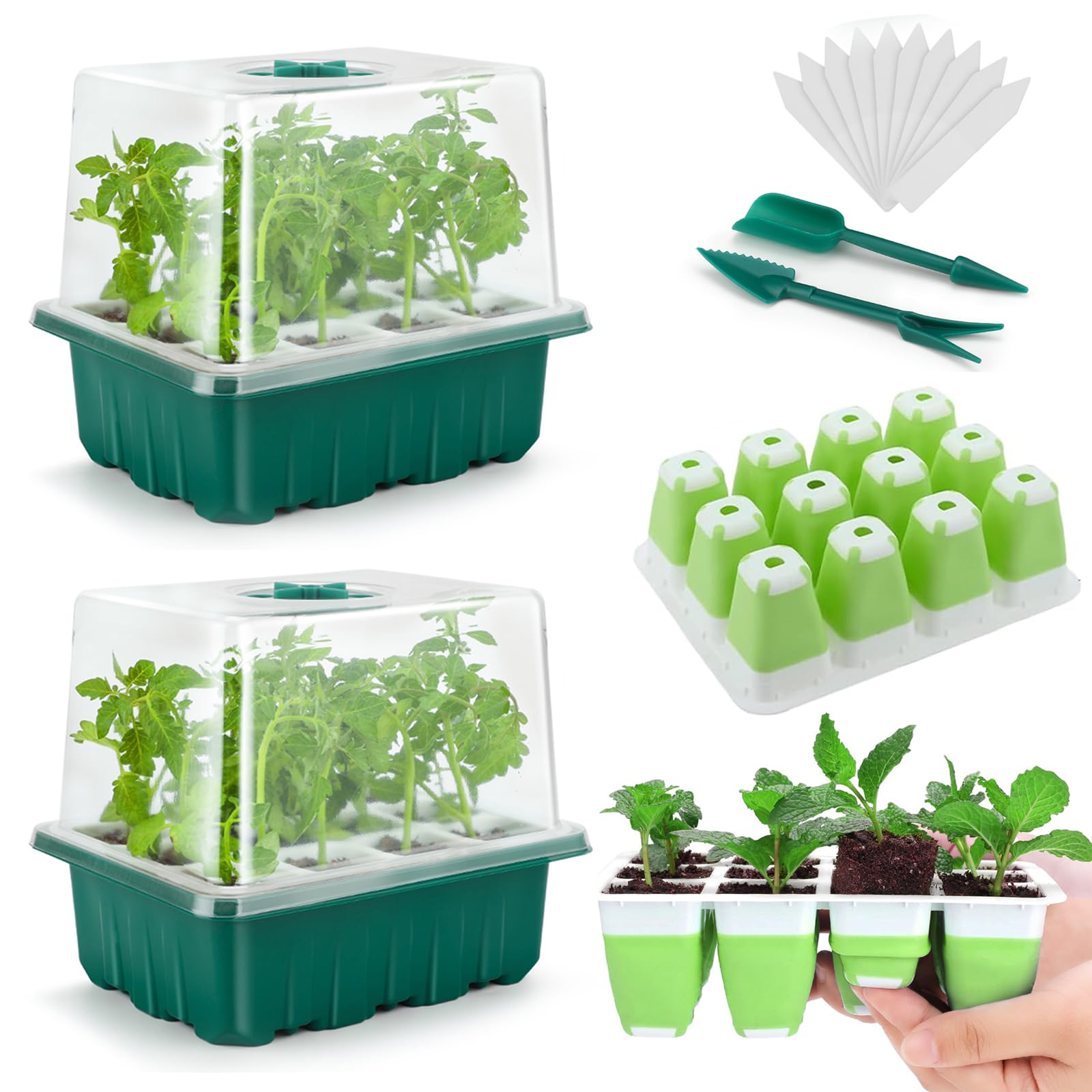Seed Starter Tray, 24 Cells Indoor Seed Starter Kit, Flexible Silicone Designed Seedling Starter Trays, Germination Tray with Humidity Dome & Lids(4in Height), Reusable & Dishwasher Safe, BPA-FREE