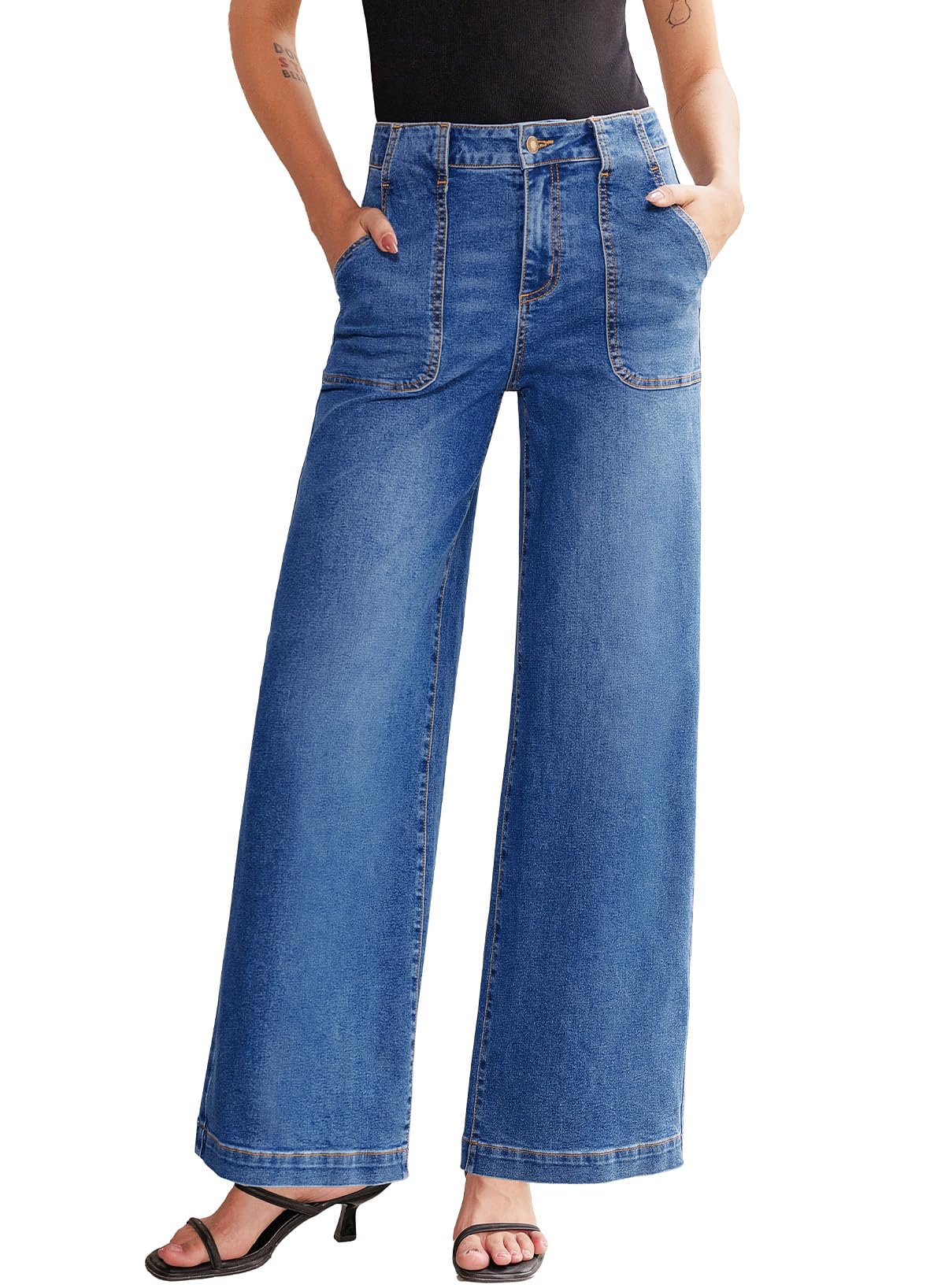 Sidefeel Womens Wide Leg Jeans High Waisted Stretchy Straight Leg Baggy Denim Pants with Pockets