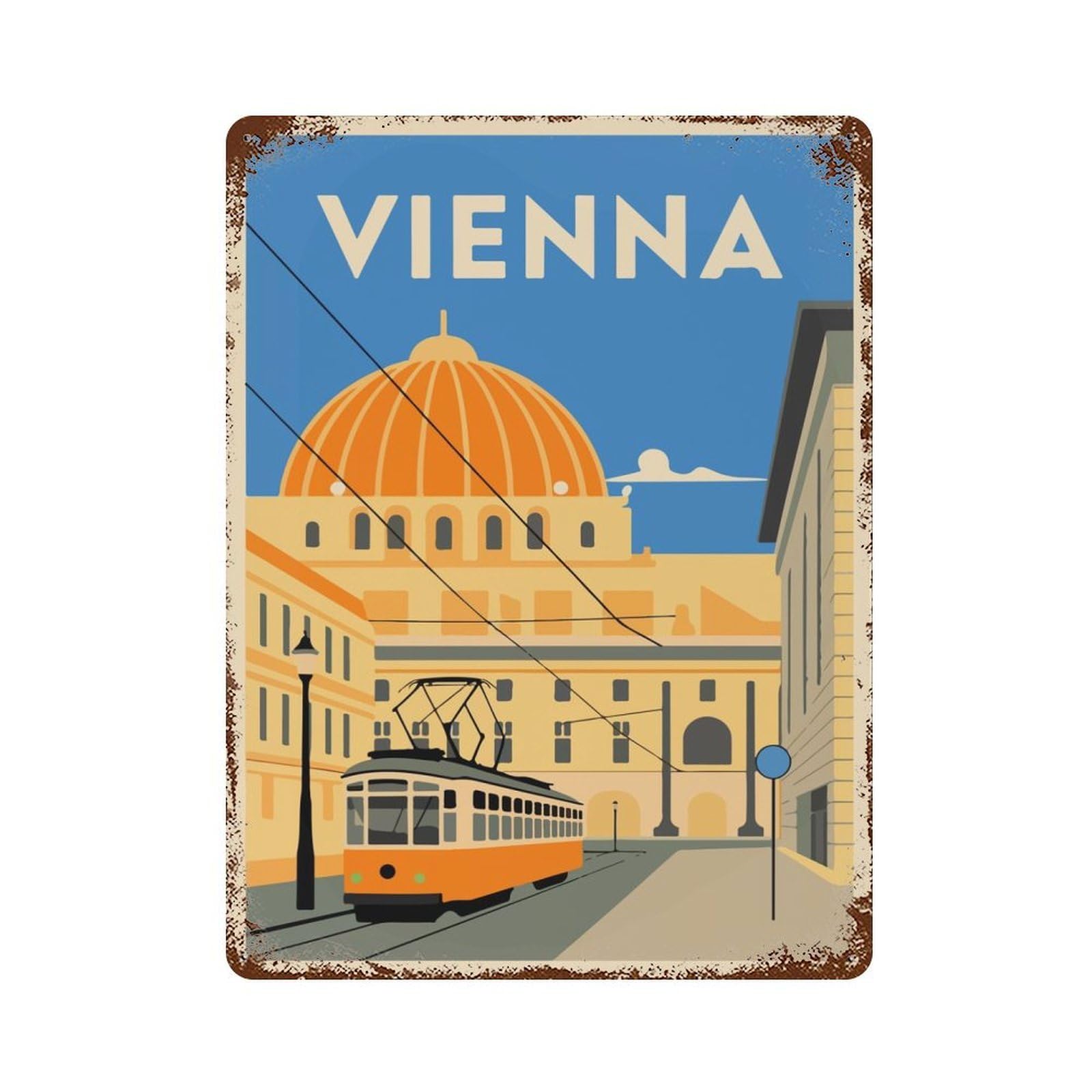 Vienna Cityscape Weathered Tin Sign 15.7"x11.8", Retro Wall Decor for Pub, Kitchen And Man Cave Decor