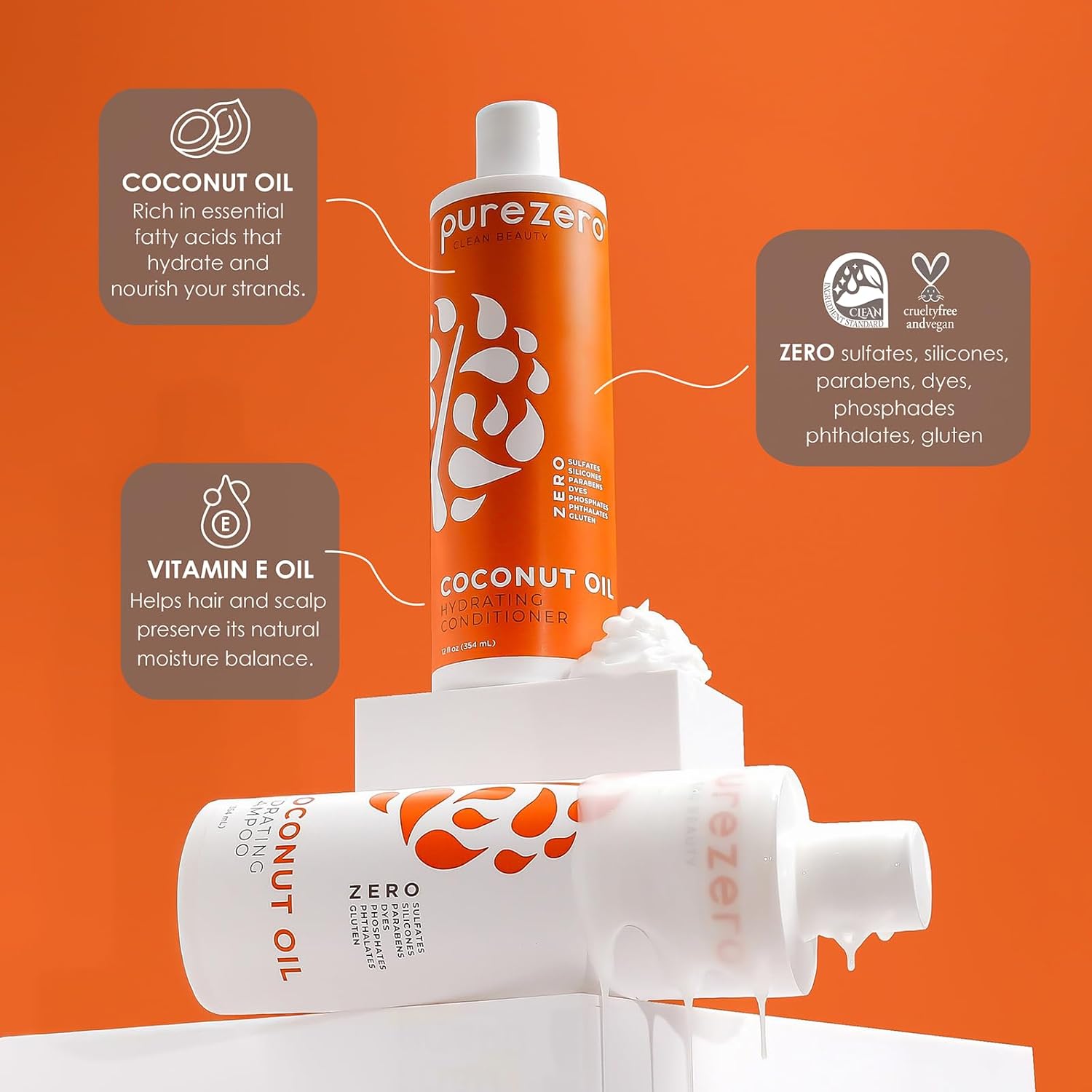 PureZero Coconut Oil Hydrating Silicone Free Shampoo & Conditioner Set – Vegan Formula for Dry or Color-Treated Hair – Deep Moisture, Sulfate-Free, Paraben-Free, Cruelty-Free Hair Care Duo, 2 × 12 oz - Image 7